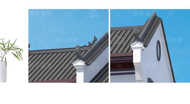 整体造型方正有序,青灰瓦铺面屋顶古典韵味十足,搭配同色系仿石材外墙和红棕色的窗柱门栏,处处透露着东方古典的清雅意境!